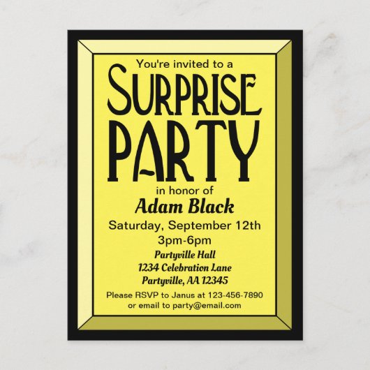 Yellow Art Deco Beveled Birthday Surprise Party Uitnodiging Briefkaart (Voorkant)