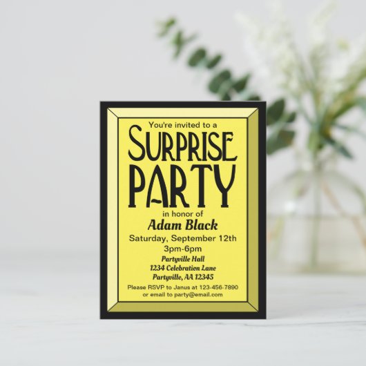 Yellow Art Deco Beveled Birthday Surprise Party Uitnodiging Briefkaart (Staand voorkant)