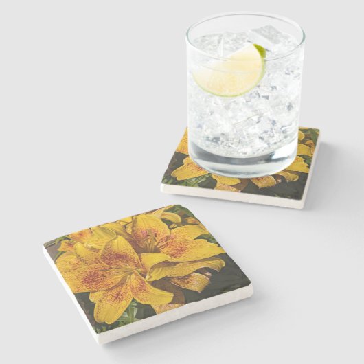 Yellow Asiatic Lily Blooms Floral Stenen Onderzetter (Zijkant)