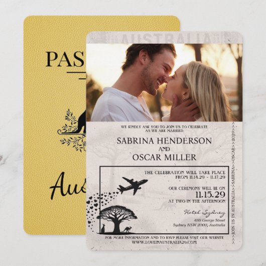 Yellow Australia Passport Wedding Invitation Kaart (Voorkant / Achterkant)
