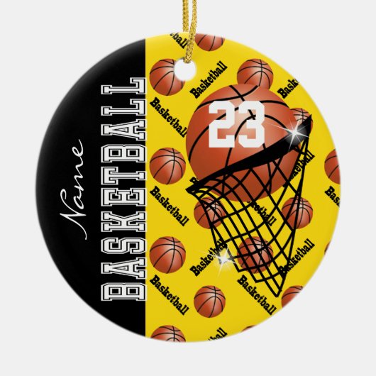 Yellow Basketball personaliseren Keramisch Ornament (Voorkant)