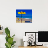 Yellow beach umbrella and chairs on prisping poster (Thuiskantoor)