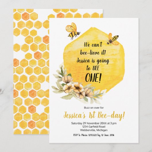 Yellow Bee 1e verjaardagsfeest uitnodiging (Voorkant / Achterkant)