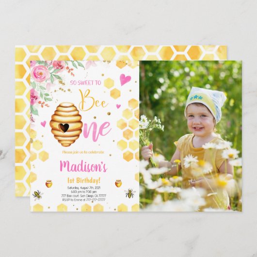 Yellow Bee Foto uitnodiging (Voorkant / Achterkant)