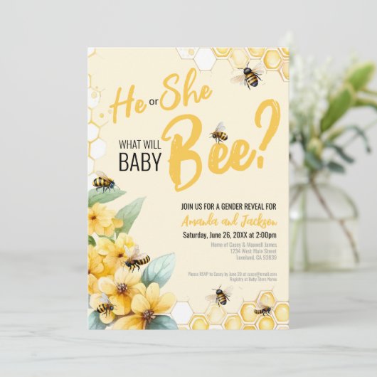 Yellow Bee Gender Reveal Party Kaart (Staand voorkant)
