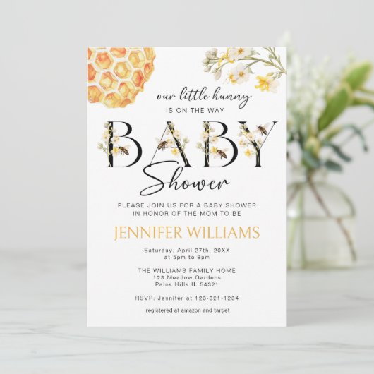 Yellow Bee Little Hunny Genderneutraal Baby shower Kaart (Staand voorkant)