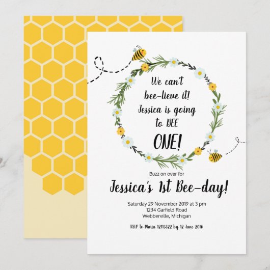 Yellow Bee Rustic 1st Birthday Party Invitation Kaart (Voorkant / Achterkant)