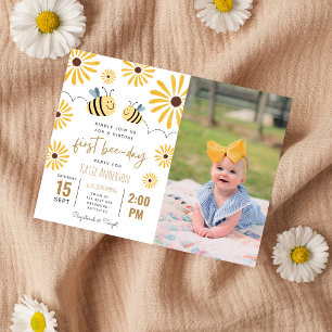 Yellow Bee Sunflower Virtual First Bee-day Foto Uitnodiging Briefkaart