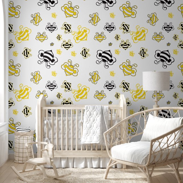 Yellow Bees Beehive Wallpaper – Cute Bee Pattern  Behang (Kinderen)