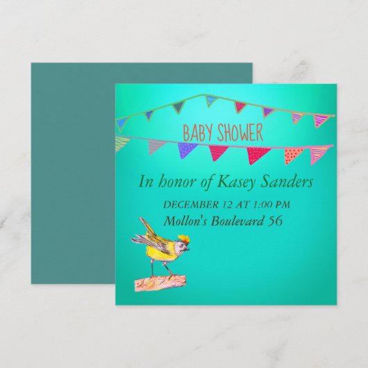 Yellow Bird Flags Blue Baby shower Invitation Kaart (Voorkant / Achterkant)