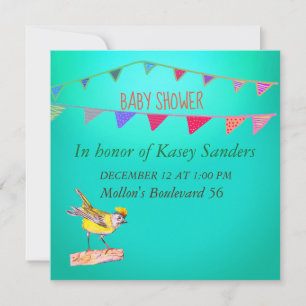 Yellow Bird Flags Blue Baby shower Invitation Kaart