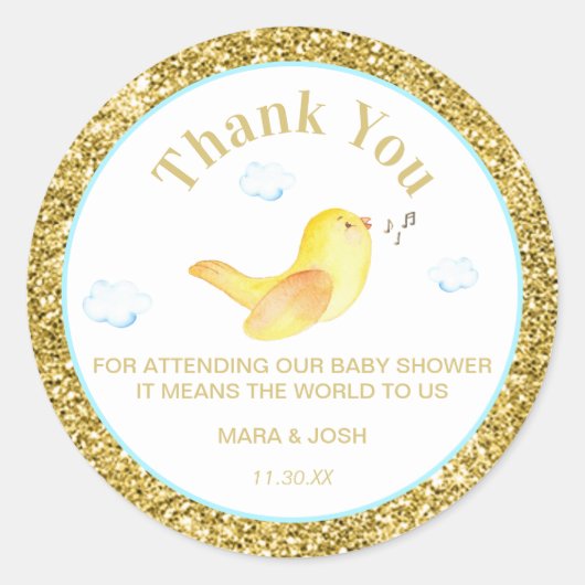 *~* Yellow Birdie Clouds Sky Baby shower Dank u Ronde Sticker (Voorkant)