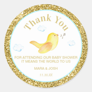 *~* Yellow Birdie Clouds Sky Baby shower Dank u Ronde Sticker