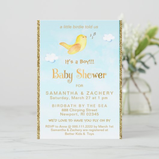 ** Yellow Birdie Glitter Baby shower Uitnodiging (Staand voorkant)