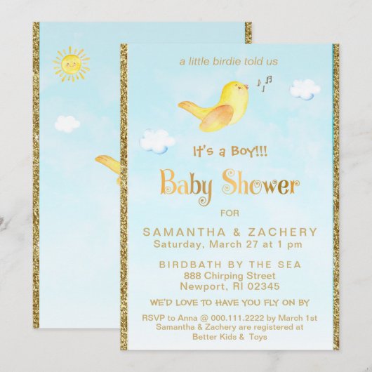 ** Yellow Birdie Glitter Baby shower Uitnodiging (Voorkant / Achterkant)