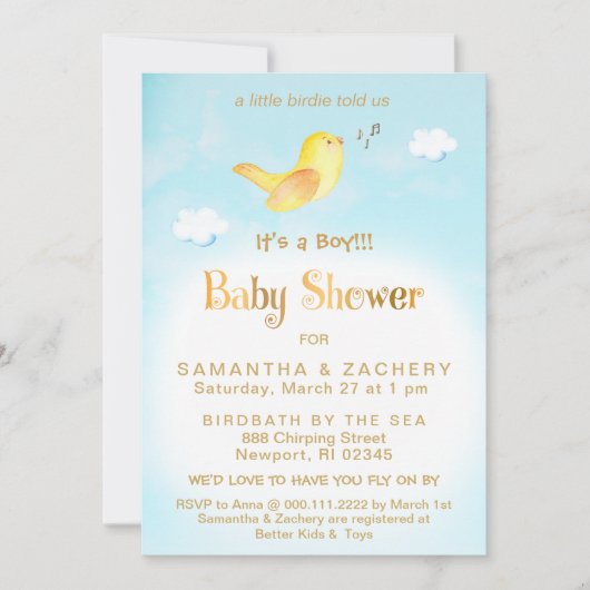 ** Yellow Birdie Sky Cloud Baby shower Uitnodiging (Voorkant)