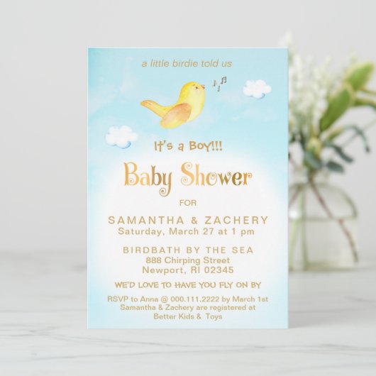 ** Yellow Birdie Sky Cloud Baby shower Uitnodiging (Staand voorkant)