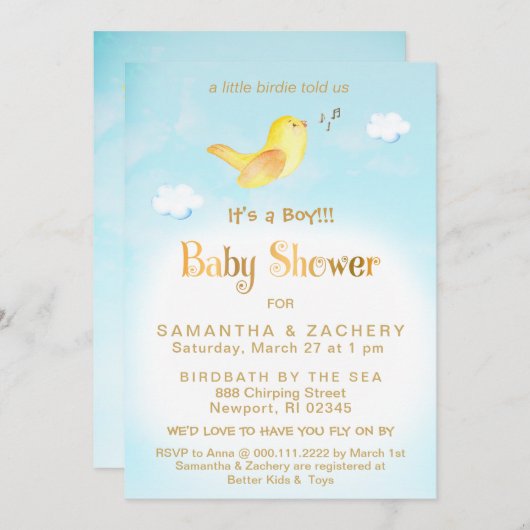** Yellow Birdie Sky Cloud Baby shower Uitnodiging (Voorkant / Achterkant)