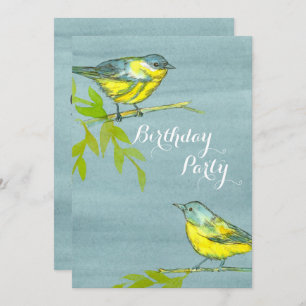 Yellow Birds Gray Birthday Party Invitation Kaart