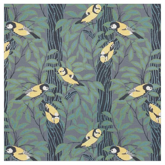 Yellow Birds in Trees Pattern Stof (Close Up)