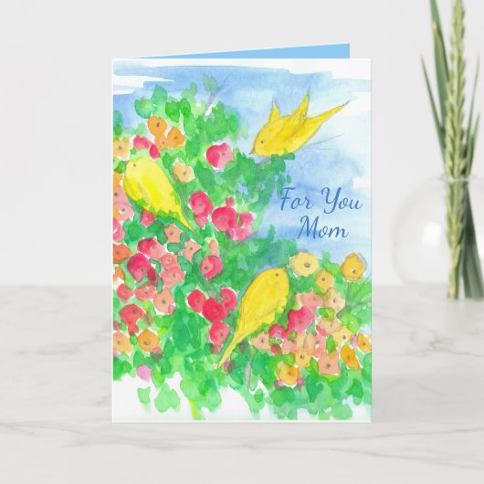 Yellow Birds Waterverf Flowers Happy Moederdag Kaart (Voorkant)