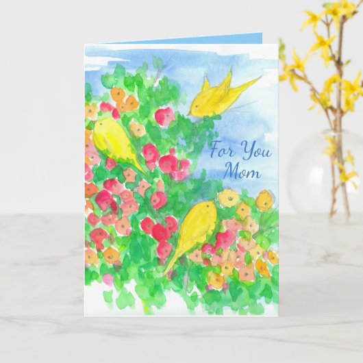Yellow Birds Waterverf Flowers Happy Moederdag Kaart (Gele Bloem)