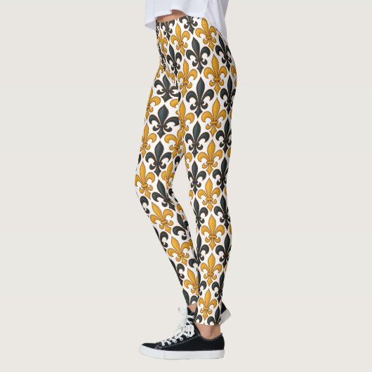Yellow Black Baroque Fleur-de-lis Pattern Design  Leggings (Links)
