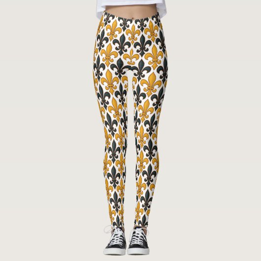 Yellow Black Baroque Fleur-de-lis Pattern Design  Leggings (Voorkant)