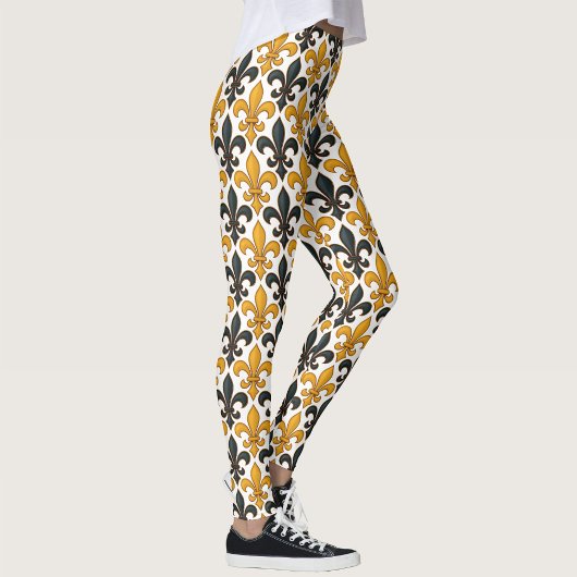 Yellow Black Baroque Fleur-de-lis Pattern Design  Leggings