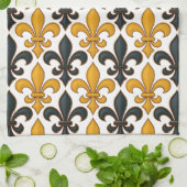 Yellow Black Baroque Fleur-de-lis Pattern Design Theedoek (Gevouwen)