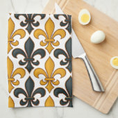 Yellow Black Baroque Fleur-de-lis Pattern Design Theedoek (Quarter Fold)