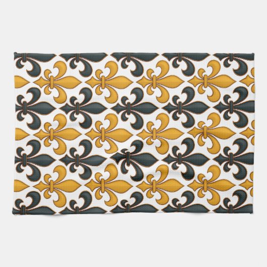 Yellow Black Baroque Fleur-de-lis Pattern Design Theedoek (Horizontaal)