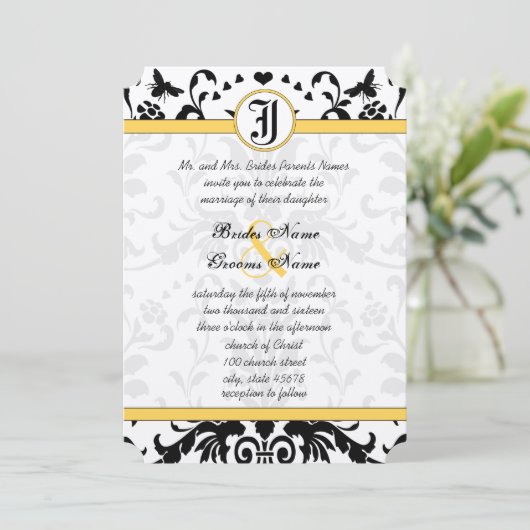 Yellow Black Bubble bee Damask Wedding Invite Kaart (Staand voorkant)