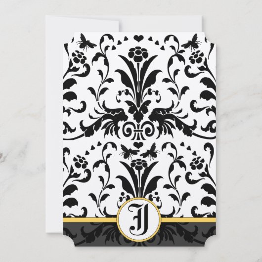 Yellow Black Bubble bee Damask Wedding Invite Kaart (Achterkant)