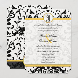 Yellow Black Bubble bee Damask Wedding Invite Kaart