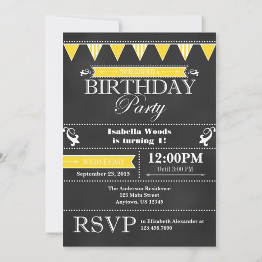 Yellow Black Chalkboard Birthday Invitation Kaart (Voorkant)