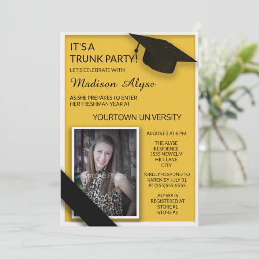 Yellow Black College Trunk Party Dorm Shower Foto Kaart (Staand voorkant)