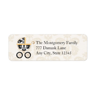 YELLOW BLACK DAMASK BABY CARRIAGE RETOURADRES ETIKET