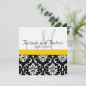 Yellow Black Damask Names Wedding Invitation Kaart (Staand voorkant)
