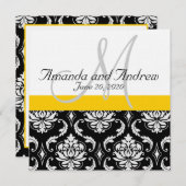 Yellow Black Damask Names Wedding Invitation Kaart (Voorkant / Achterkant)