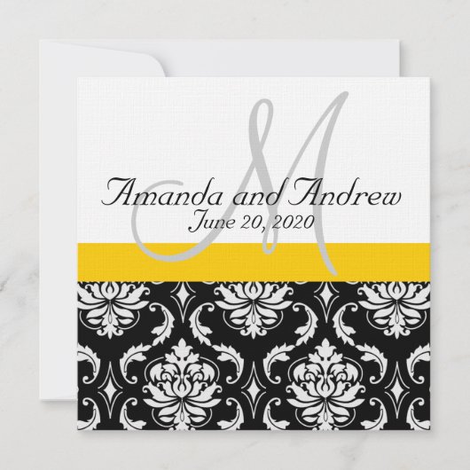Yellow Black Damask Names Wedding Invitation Kaart (Voorkant)