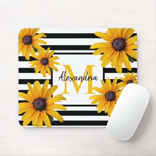 Yellow Black-Eyed Susan Monogram Black Stripe Muismat (Met muis)