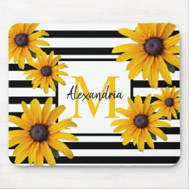 Yellow Black-Eyed Susan Monogram Black Stripe Muismat