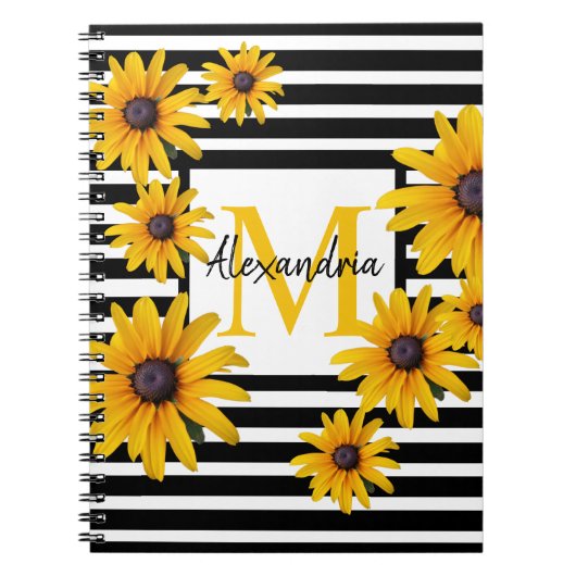 Yellow Black-Eyed Susan Monogram Black Stripe Notitieboek (Voorkant)