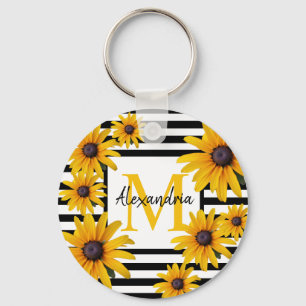 Yellow Black-Eyed Susan Monogram Black Stripe Sleutelhanger