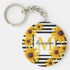 Yellow Black-Eyed Susan Monogram Black Stripe Sleutelhanger