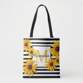 Yellow Black-Eyed Susan Monogram Black Stripe Tote Bag