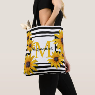 Yellow Black-Eyed Susan Monogram Black Stripe Tote Bag