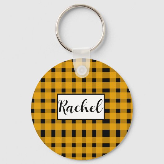 Yellow Black Gingham Persoonlijk Sleutelhanger (Voorkant)