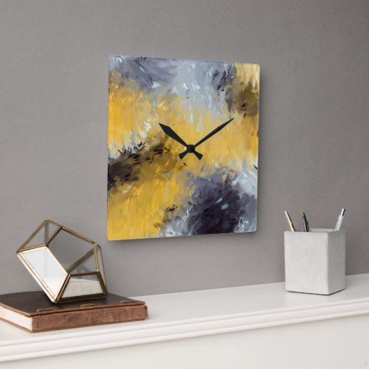 Yellow Black Gray White Abstract Brushstrokes Vierkante Klok (Kantoor)